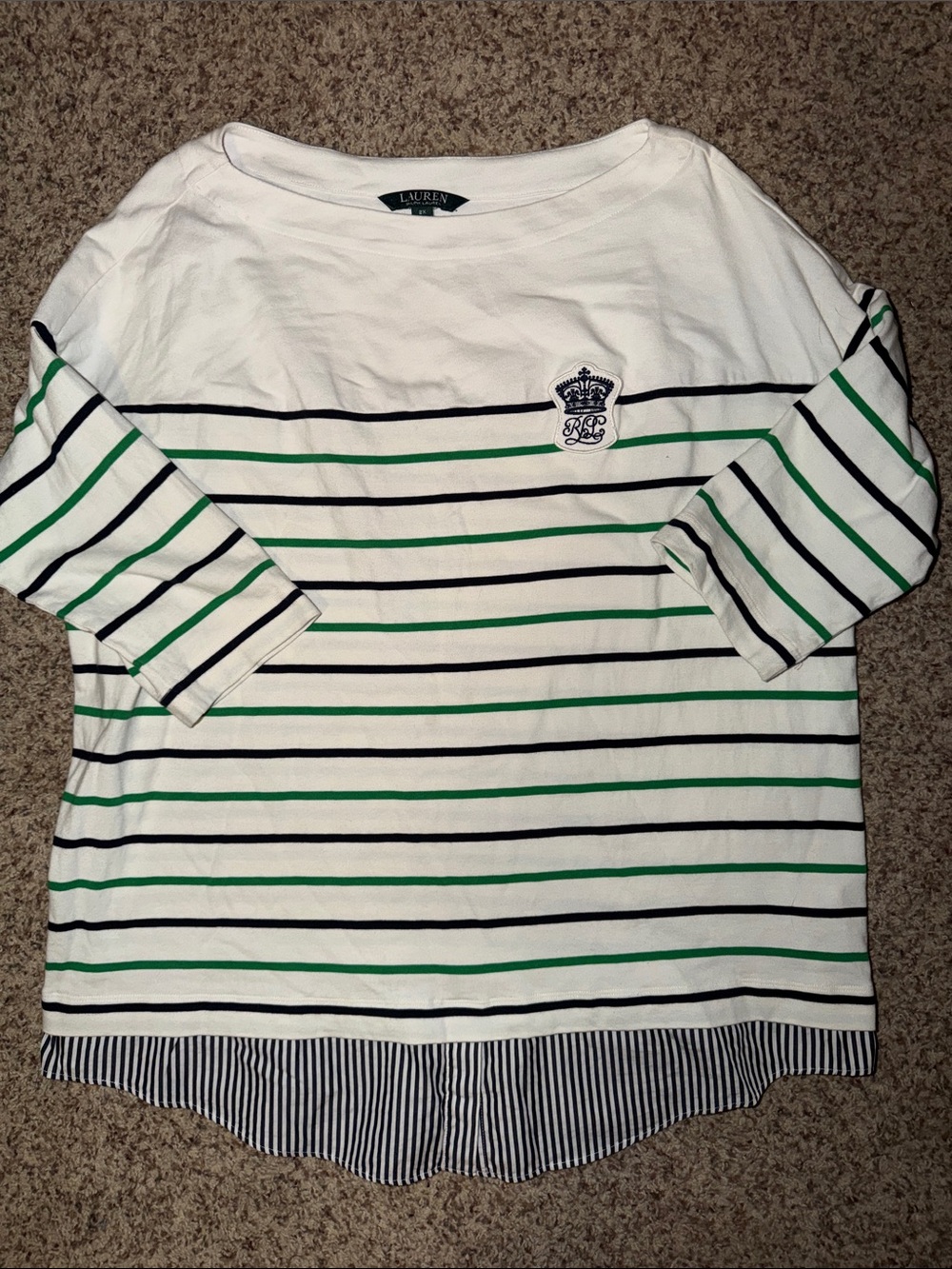 Lauren Ralph Lauren White Boatneck Top with Green & Navy Stripes